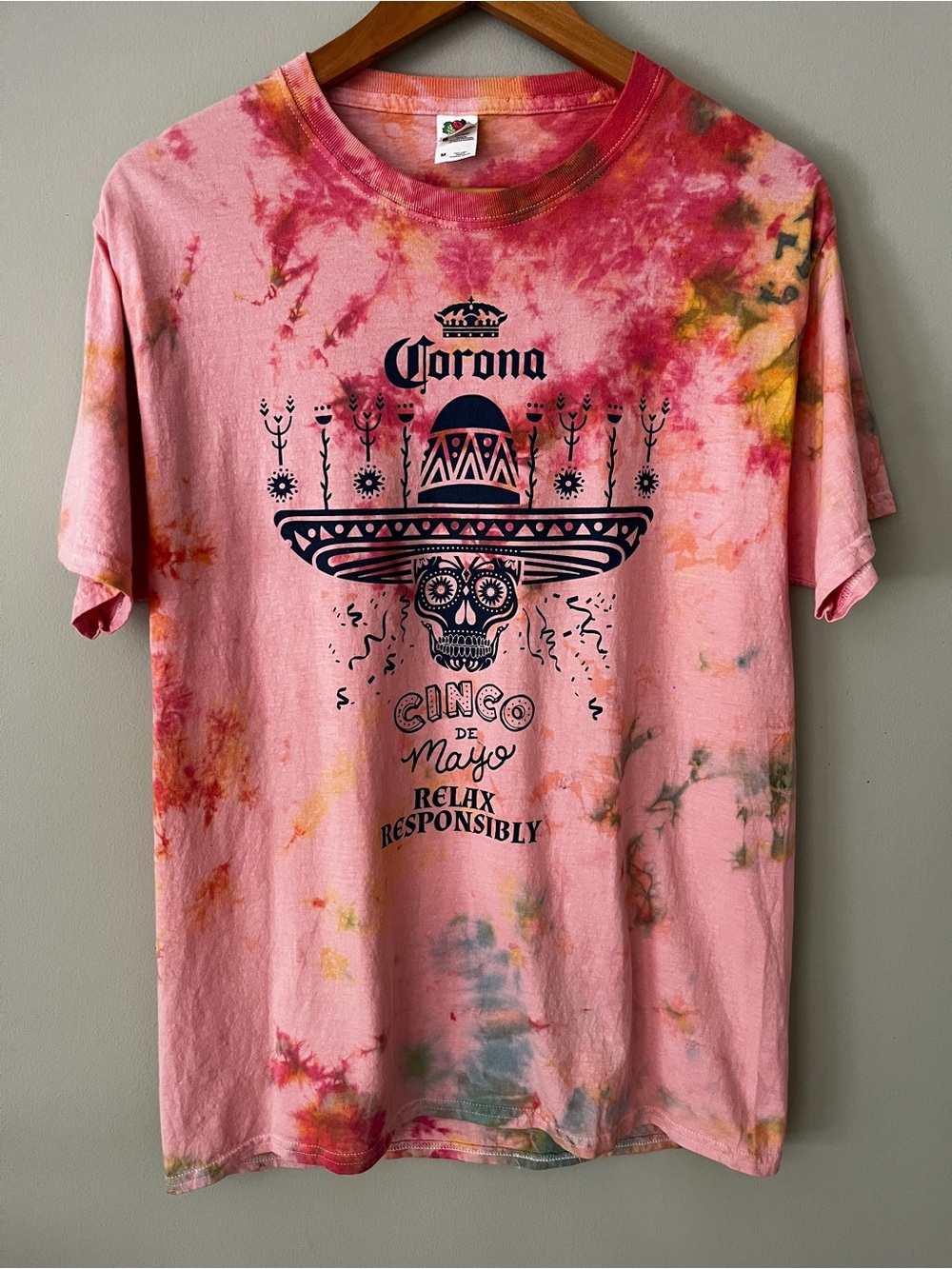 Corona Pink Tie-Dye Cinco de Mayo Skull Graphic Tee